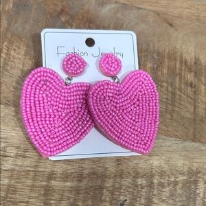 New Pink Beaded Heart Earrings